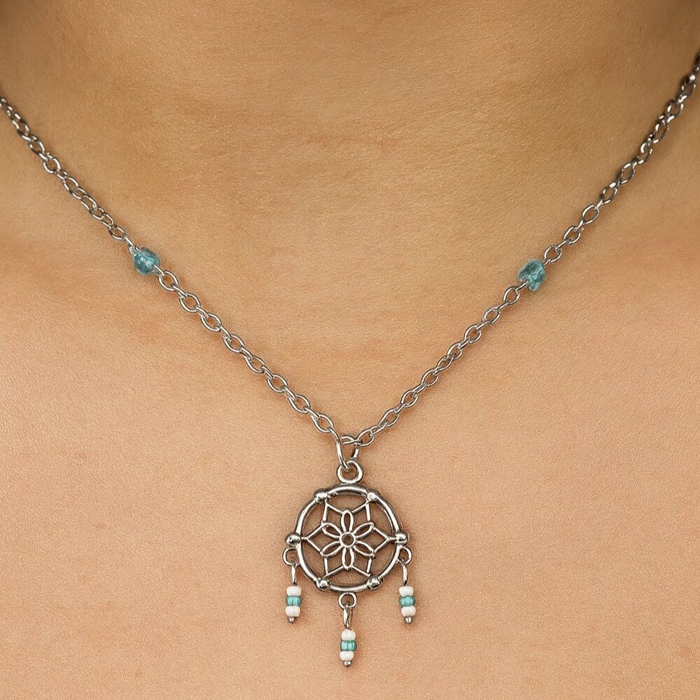 Beaded Dreamcatcher Silver Dangle Necklace‎